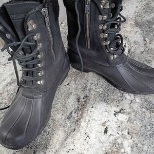 Sperry Black Duck Boots with Fur Trim